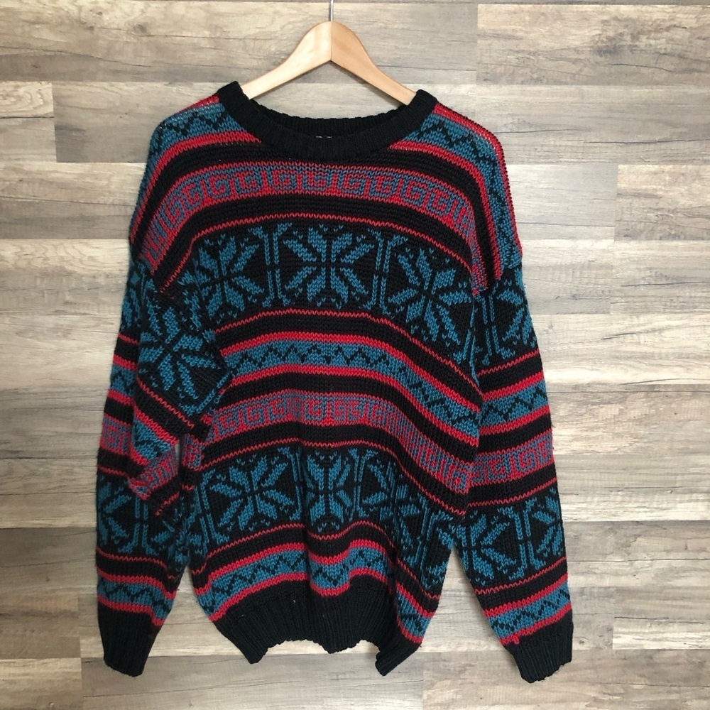 Vintage Geometric Snowflake Patterned Crewneck Knit Sweater Large - Picture 2 of 10